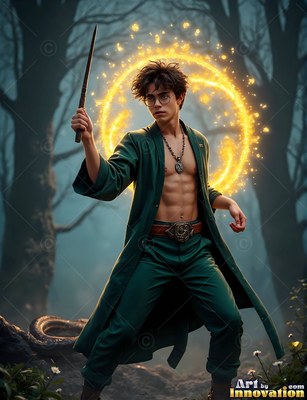 In a dark forest, a man with a bare chest wearing a loose green robe raises a wand by a gold ring of sparks