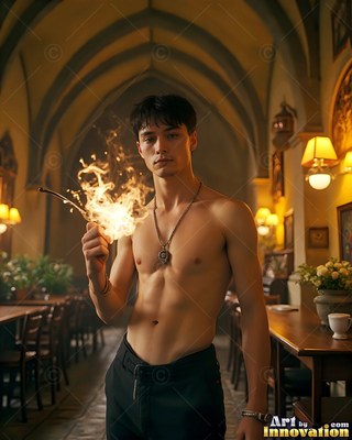 Holding a small flame from a wand, a shirtless young man stands in a hall