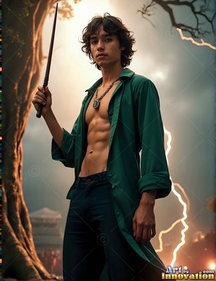 A man with no shirt dressed in a parted green coat holding a wand by lightning