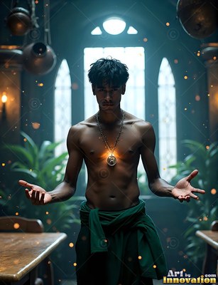 Wearing a round pendant, a shirtless man holds his palms open in a dark gothic greenhouse