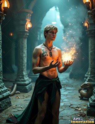 A young man with no shirt grips fire in his bare hands under teal castle lights