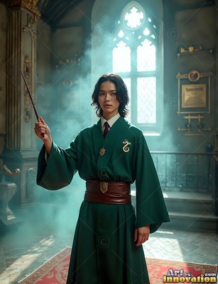 Standing in a smoky castle room, a young man in green robes holds up a wand