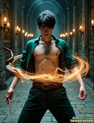 A young man dressed in a parted green shirt conjures fire around his waist with a snake