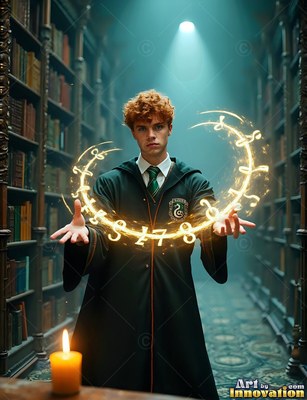 In a dim library aisle, a young man in black robes conjures bright yellow runes