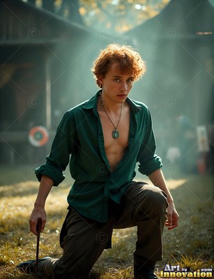 Kneeling on the grass, a red-haired young man in a loose green shirt holds a wand