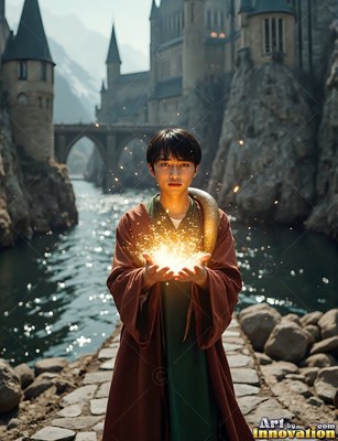 A young man in robes holds bright yellow sparks by a castle