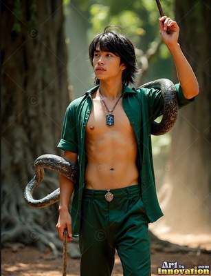 Wearing an unbuttoned green shirt in a forest, a man holds vines as a snake wraps around him