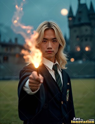 A blond man points a flaming wand forward under the dim twilight sky