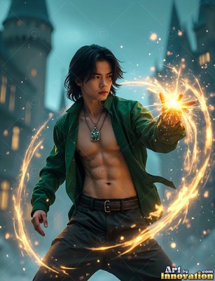 Standing in a castle courtyard, a young man with a bare chest casts sparks from his hand