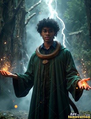 A young man in green robes holds sparks in his hands under lightning in the woods