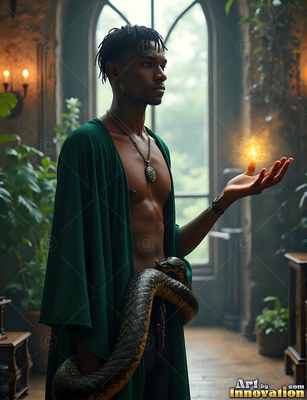 In a stone hall, a man dressed in a loose green robe holds bright light with a snake around his waist