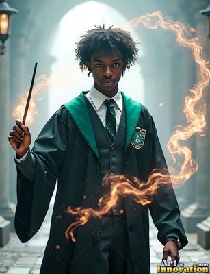 Holding a wand, a young Black man in dark green school robes casts fiery magic