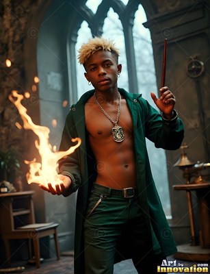 Young man dressed in an open green coat holding fire and a wand