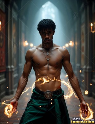 Wearing dark green pants in a stone castle hall, a bare-chested man summons loops of fire