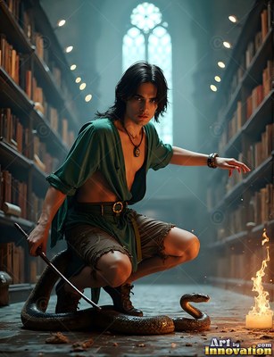 A crouching man charms a dark snake on the library floor by warm candle flame