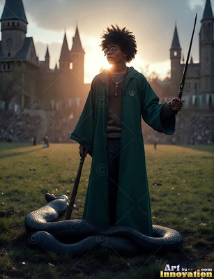 Standing on a grass field before a castle, a young man holds a wand over a snake