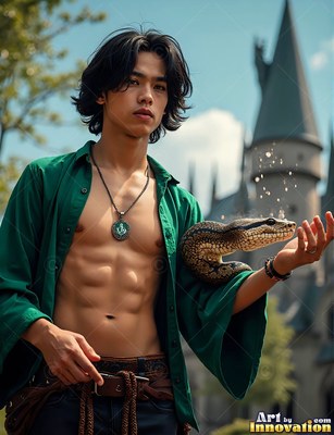 A young man wearing an unbuttoned green shirt holds a spotted snake outside a castle