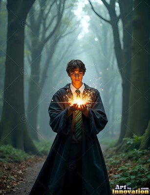 In a misty forest, a young man in black robes holds bright sparks in his hands