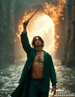 Raising a wand high, an open-shirted man stands in shallow water before a fiery arch