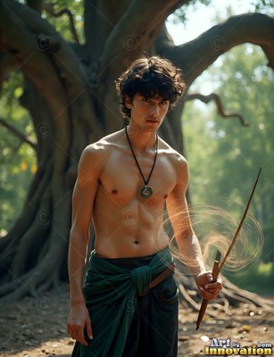 Bare-chested young man wearing a green wrap holds a wand by a tree