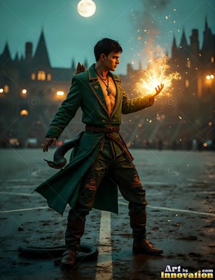 Dressed in an unbuttoned green coat in a castle courtyard, a man holds sparks under a full moon