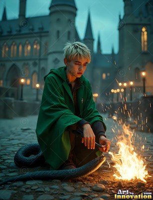 A young blond man wearing a green cloak kneels beside a snake by a small fire on cobblestones