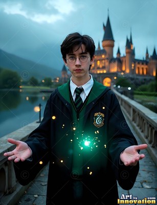 Standing on a stone bridge, a young man grasps green sparks before a castle