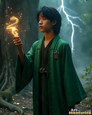 A young man clothed in a loose green robe holds a tiny fiery snake in the woods