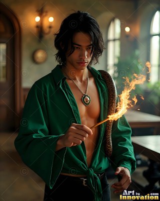 In a dim hall, a man wearing a green shirt holds a flaming wand with a snake on his back