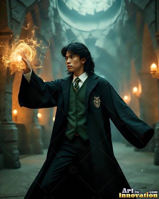 Holding yellow sparks in his hand, a man in a black and long green robe walks a hall