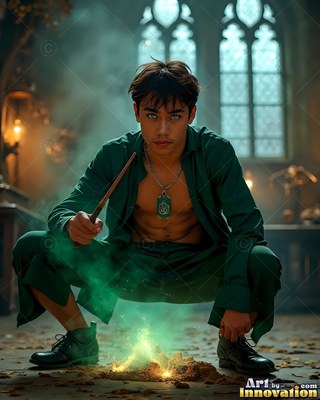 A man in green squats with a wand over green smoke