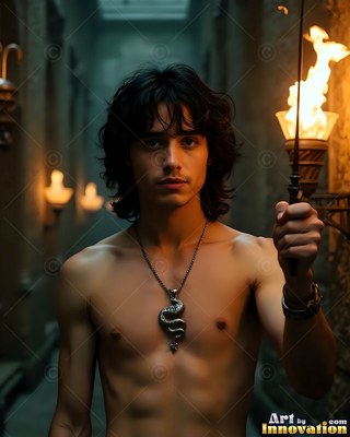 Wearing a silver snake pendant, a bare-chested young guy cradles a lit torch in a dim stone hall