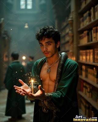A young man holds bright sparks above his hands while wearing a green robe in a library