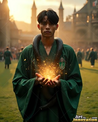 Facing forward in a castle yard, a man in green robes cups spark light in his hands