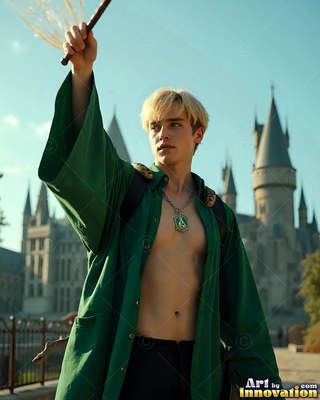 A blond young man with an unfastened green robe holds up a wand outside a stone castle