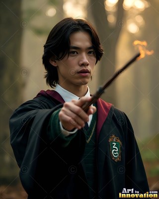 In a misty forest, a young man in dark wizard robes points a flaming wand forward
