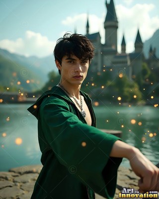 Standing by a lake, a dark-haired young man wearing a deep green robe reaches forward