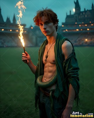 A young man with no shirt in a green scarf holds a flaming wand on a field at dusk