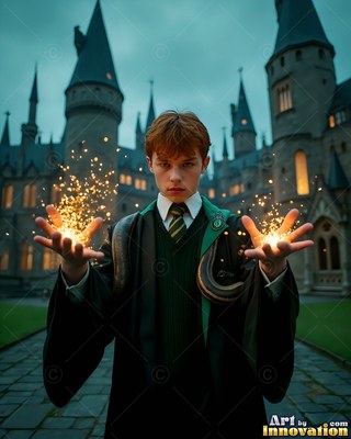 A young man holds out sparks in his hands before a dark castle with yellow window light