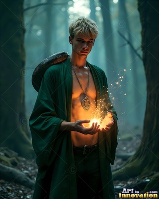 Standing in a dark woods, a man with a bare chest dressed in a long green robe holds sparks with a snake