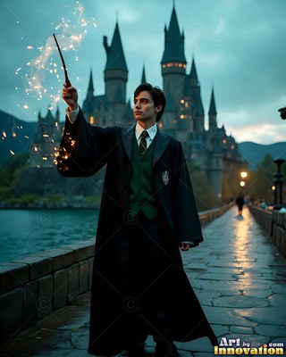 A young man in a black and loose green robe raises his wand on a stone bridge by a castle