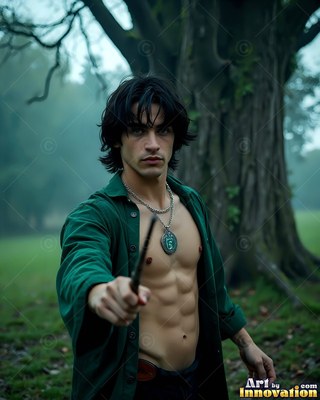 In a misty park, a shirtless man in a loose green shirt points a wand
