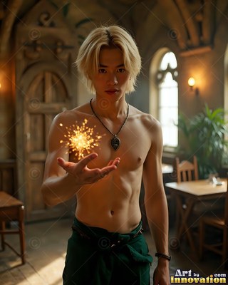 Holding bright sparks in his palm, a shirtless blond man stands in a stone room