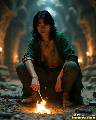 A barefoot man in a green gown crouches by a fire