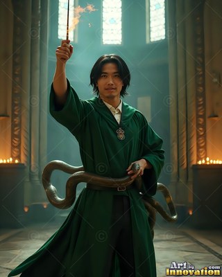 Dressed in a loose green robe, an Asian man holds a wand in a dim stone hall as a snake coils at his waist
