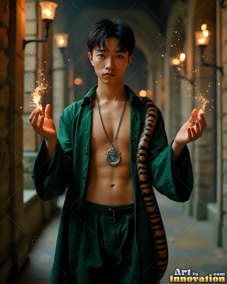 A young man holds sparks in his hands with a snake on his shoulder in warm light