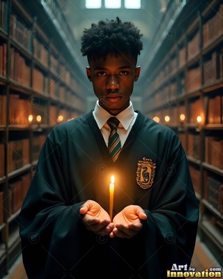 Facing forward in a dim library, a young man cradles a lit candle in his hands