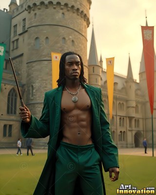A shirtless man dressed in a green coat holds a wand outside a castle courtyard
