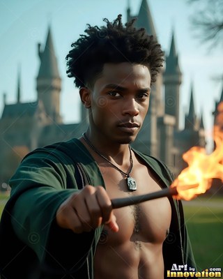 Outside a castle, a bare-chested Black man in green robes points a burning wand