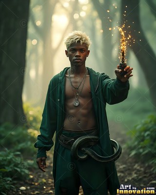 Holding a sparkling wand in the woods, a young man wears a loose green robe and snake belt